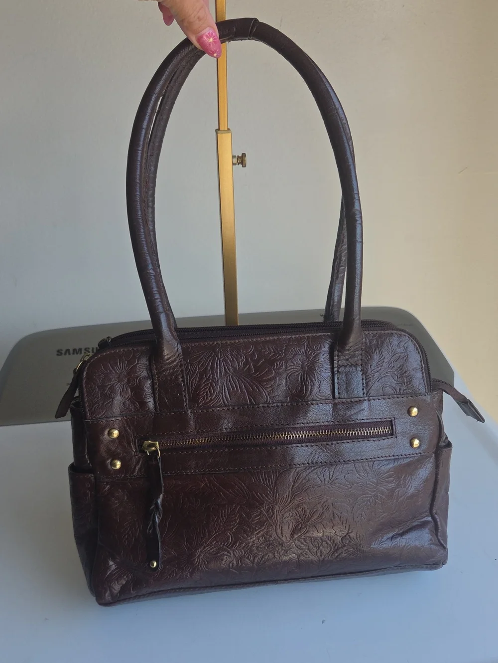 Vintage Great American Leather Works  Tooled Embossed Cow Leather Shoulder Bag